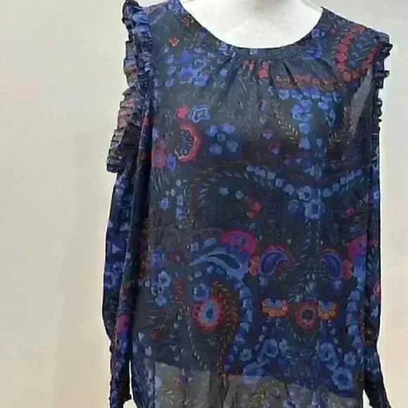 NWT! Loft Paisley Cold Shoulder Ruffle Blouse/Top/Shirt Blue Size Large - Picture 2 of 10